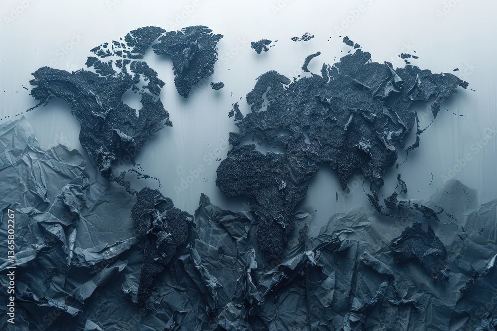 Poster a textured world map created from crumpled paper, featuring dark colors and intricate details, provi