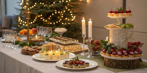 Fototapeta premium Festive Table with Cakes, Fruits and Candles near Christmas Tree , party , holiday
