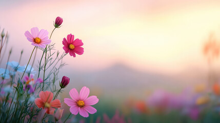 Fototapeta premium serene meadow at sunrise with fog lifting to reveal vibrant flowers, creating peaceful and colorful scene. soft light enhances beauty of blooming flowers