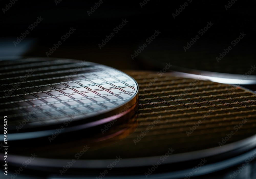 Poster close-up of semiconductor wafers showcasing intricate patterns and textures