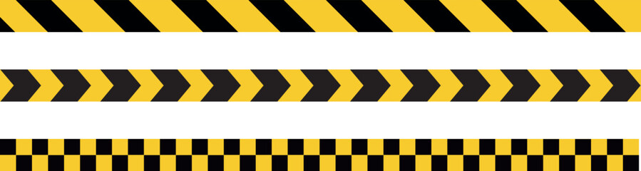 caution warning tape set, Construction border. Warning caution sign. Black and yellow line. Seamless barrier. Included brushes .Long danger ribbon. Vector illustration on white background. 