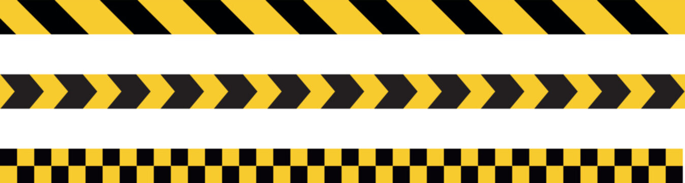 caution warning tape set, Construction border. Warning caution sign. Black and yellow line. Seamless barrier. Included brushes .Long danger ribbon. Vector illustration on white background. 