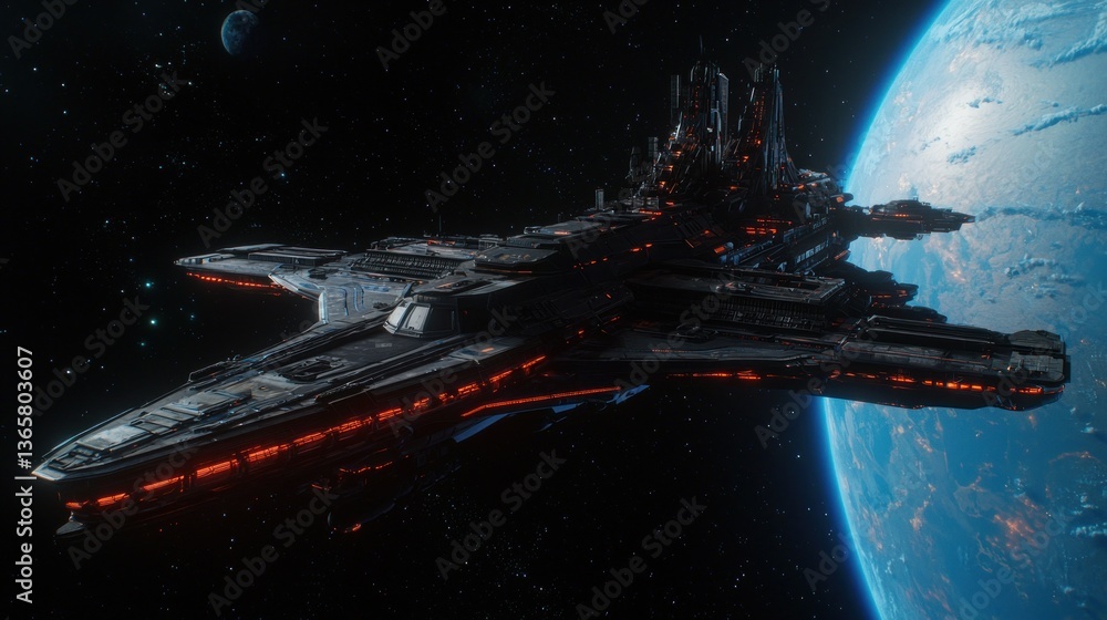 Poster futuristic spaceship navigating through space near a vibrant blue planet with stars in background