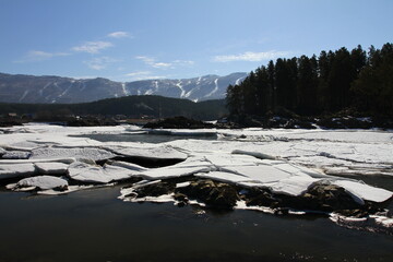 Winter landscape with snow-covered forest and river in the Altai mountains. Manzherok is a rural...