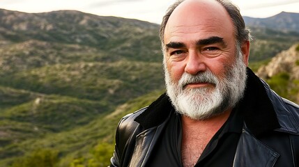 Mature man portrait mountain background