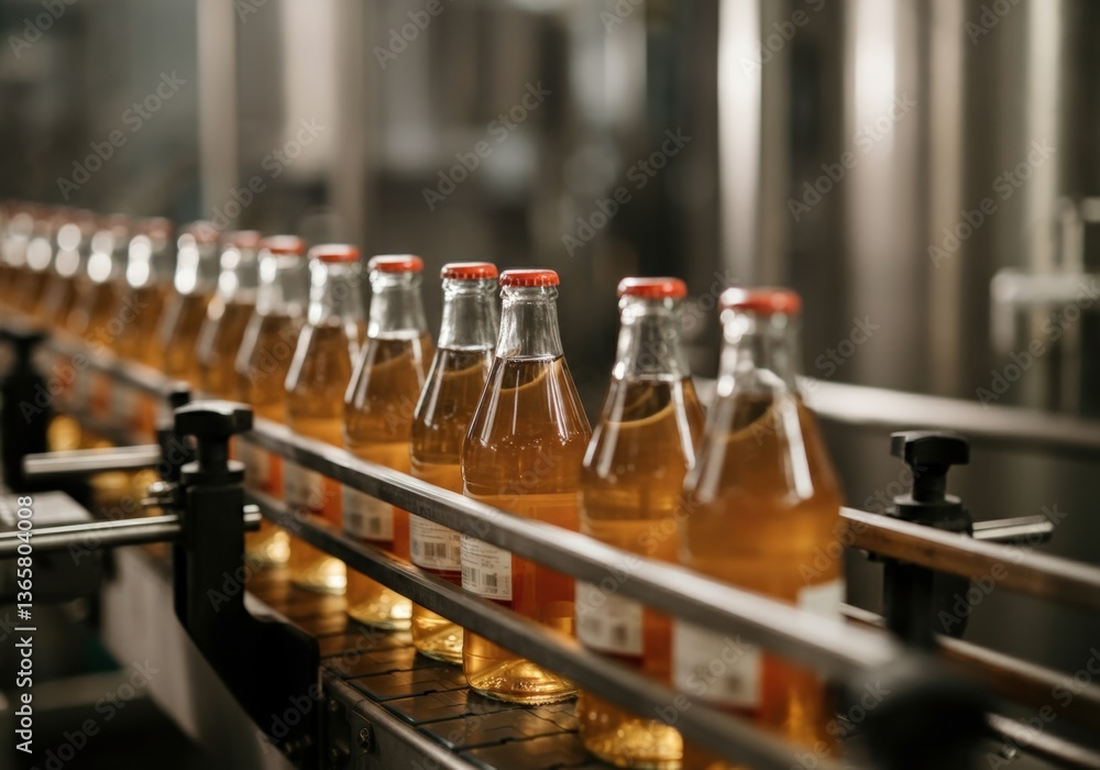 Poster bottles of beverage on a production line in a factory setting