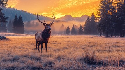 Majestic Elk Standing in Golden Sunrise Over Misty Meadow Landscape