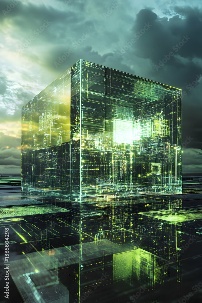 Poster digital cube architecture blending technology and sustainability, featuring green computing and conn