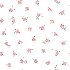 Vector illustration. Seamless Ditsy floral pattern of delicate small pink flowers on a white background. Liberty Floral pattern, field of flowers, print for fabric, textile, wallpaper	