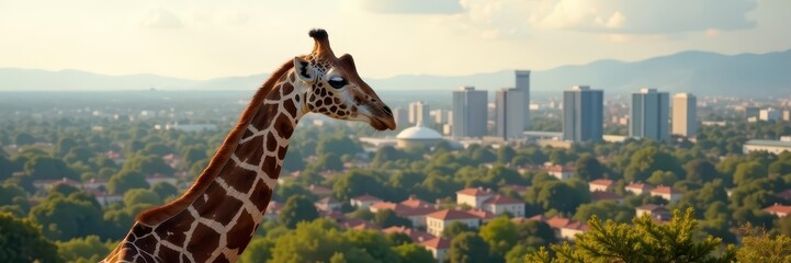 Obraz premium Giraffe gazing at cityscape from high vantage point, neck, outlook