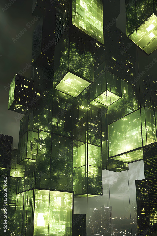 Poster digital cube architecture blending technology and sustainability, featuring green computing and conn