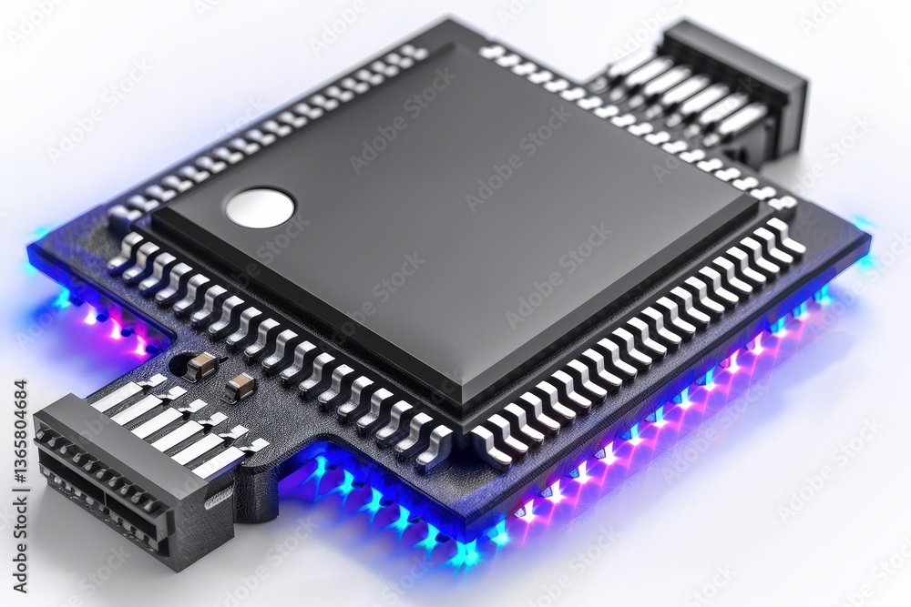 Poster a close-up of a microchip featuring intricate circuitry and led lighting, showcasing technology and 