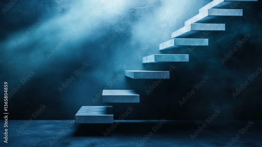 Poster Abstract image of floating concrete stairs in a dimly lit space with a mysterious atmosphere