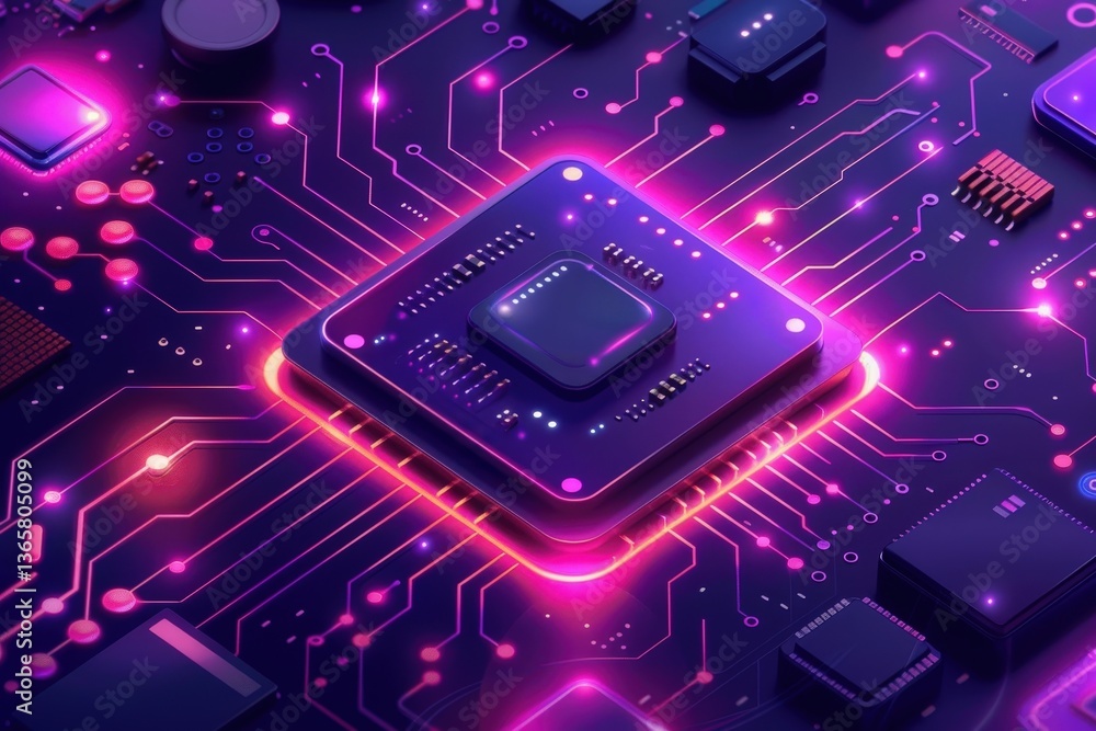 Poster a vibrant, futuristic microchip with illuminated circuits, showcasing advanced technology and intric