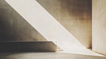 Sunlight beam illuminates minimalist concrete interior with bench.