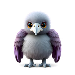 Fototapeta premium Vulture – 3D baby vulture, tiny round beak, fluffy chubby body, big glowing eyes, pastel gray and purple tones, white background Generative AI