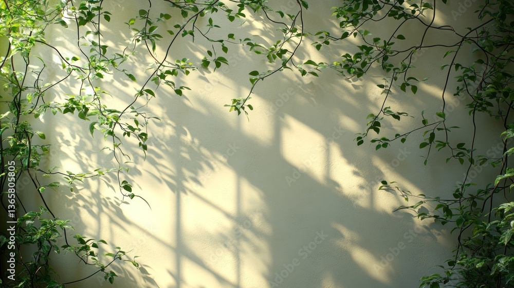 Aufkleber Sunlight filters through window casting shadows on wall covered in lush green vines.