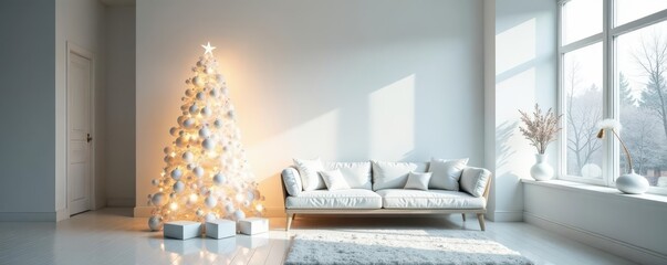 White minimalist apartment, ethereal white branch Christmas tree , lights, holiday