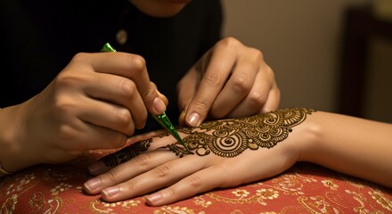 Applying Henna Tattoo on Hand with Intricate Traditional Patterns Closeup