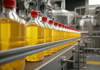 Bottles of cooking oil on a production line in a factory setting