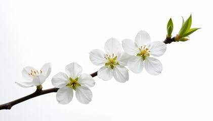 Obraz premium Delicate white blossoms on a branch, stark against pure white , clean, close up, studio shot