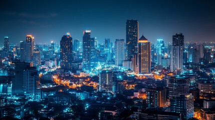 Obraz premium A mesmerizing nighttime cityscape of Bangkok, Thailand, capturing its illuminated downtown skyline and towering urban structures