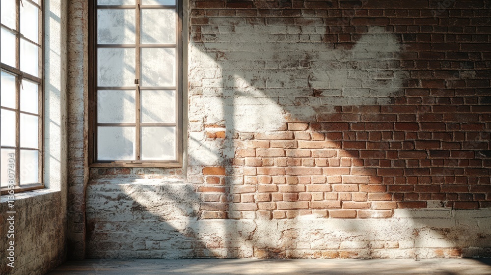 Aufkleber sunlight streams through a large window in a rustic brick room, illuminating the textured wall.