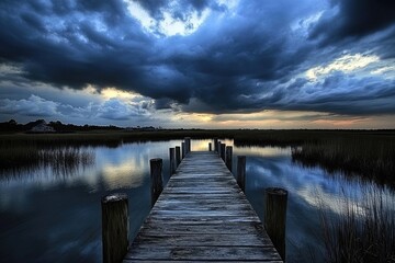 Pawleys Island - Cloudy Evening Landscape with Beautiful Colors Sky Reflected in the Bay Water