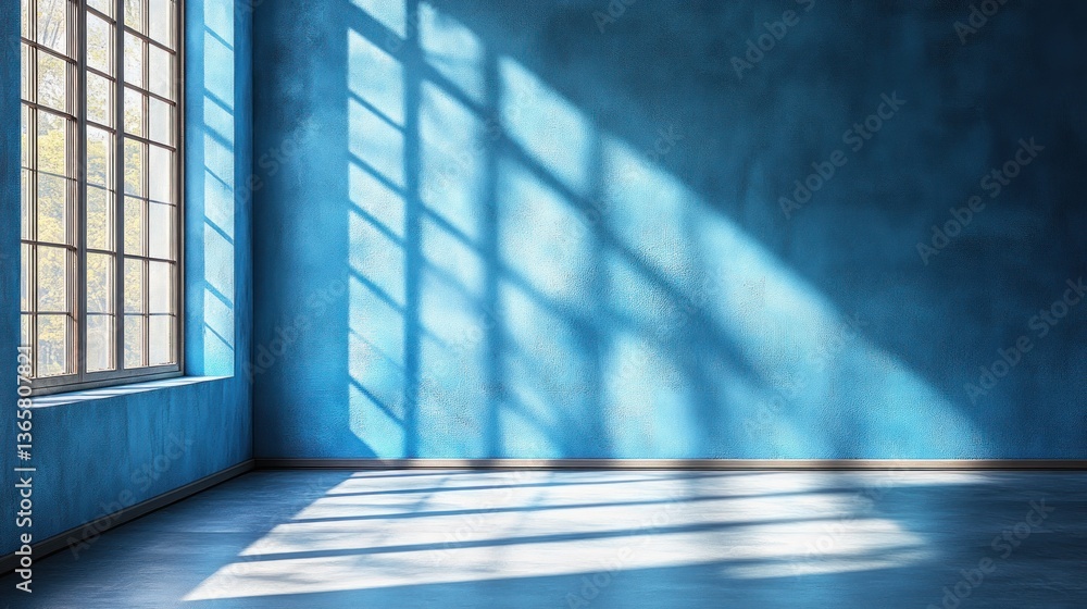 Poster sunlight streams through a large window into an empty blue room with textured walls and floor.