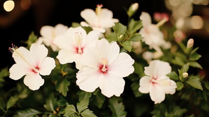 Obraz premium Beautiful White Hibiscus Flowers in Bloom Lush Greenery Background