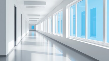 Obraz premium Bright hospital corridor, windows, sunlight, clean, medical