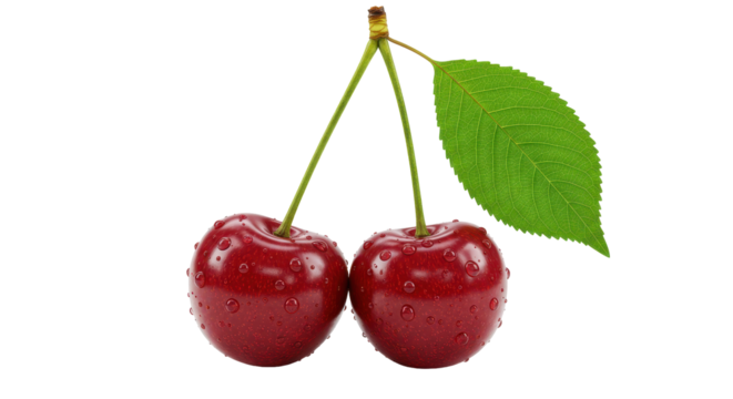 Isolated Two Fresh Wet Cherries with Stem and Leaf