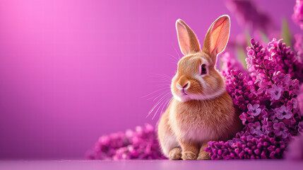 Fototapeta premium soft focus shot of bunny surrounded by vibrant lilac flowers, evoking serene atmosphere