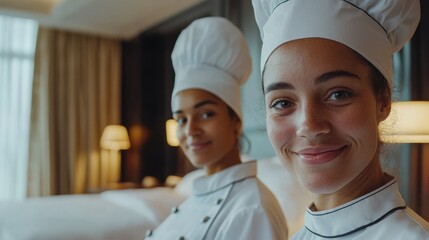 Two Chefs Smiling in Hotel Room During Culinary Workshop Session