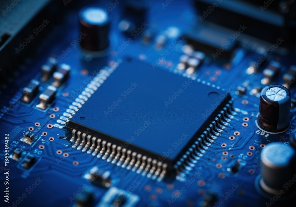 Poster close-up of a microchip on a blue circuit board