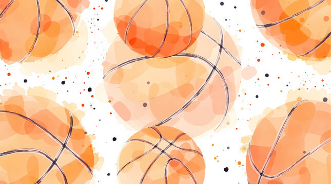 Watercolor pattern basketball balls on white background	