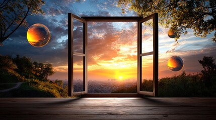 A breathtaking sunset viewed from an open window, showcasing vibrant colors and surreal planets in the sky