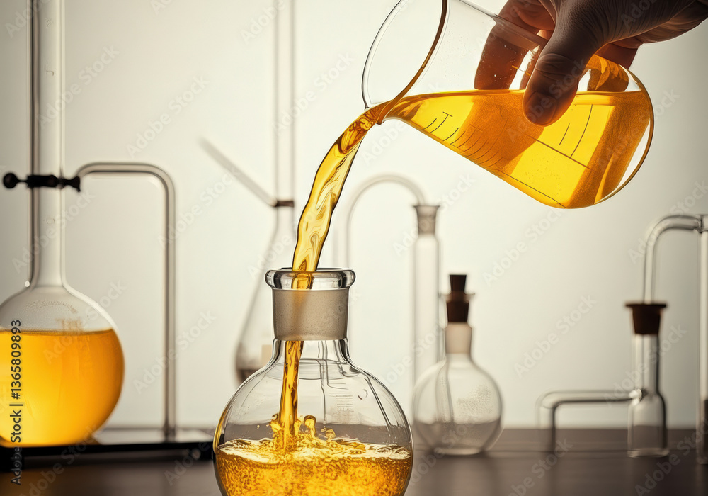 Poster laboratory experiment with a hand pouring yellow liquid into a flask