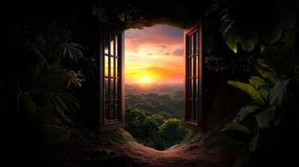 A serene sunset viewed through an open window in a lush jungle, showcasing vibrant colors and nature