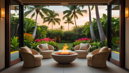 Fototapeta premium Upscale tropical patio with palm-fringed pool, circular fire feature, and seamless indoor-outdoor transition