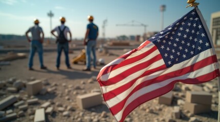 American flag waving with workers in hard hats at a construction site, patriotic labor theme.
