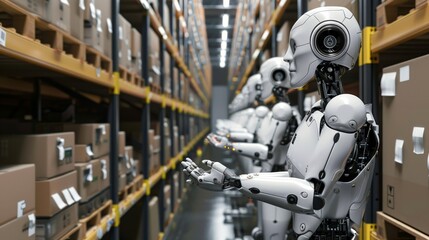 Fototapeta premium Autonomous robots working in a warehouse