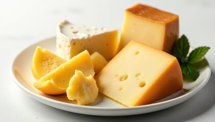 Elegant cheese plate, various cheeses, white backdrop , table, high-res, composition