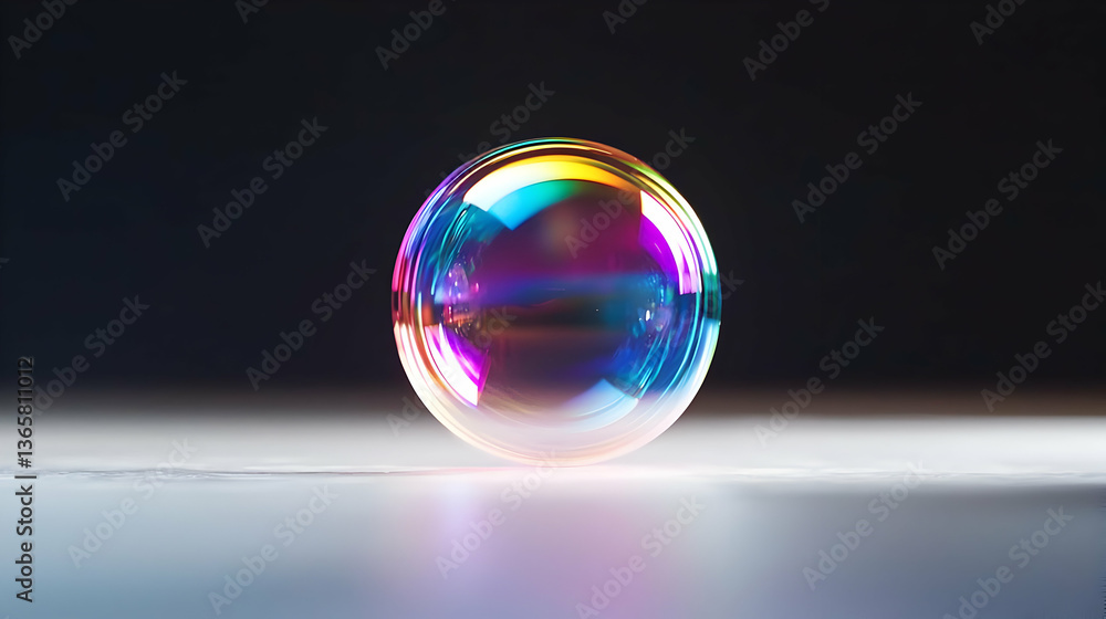 Poster close up of a transparent soap bubble displaying colorful iridescent reflections against a dark back
