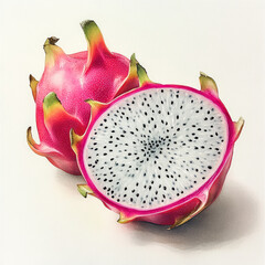 Watercolor painting of a sliced dragon fruit.