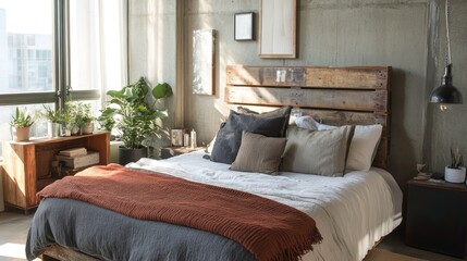 Sunlit bedroom with wooden headboard, plants, and textured bedding.