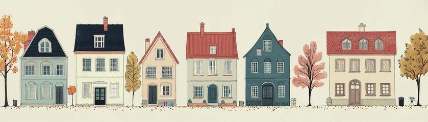 Colorful European Row Houses Autumn Day.  Background Use