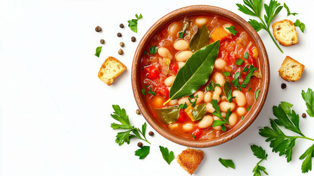 Delicious bay leaf and white bean soup with fresh herbs and croutons for culinary inspiration - Powered by Adobe