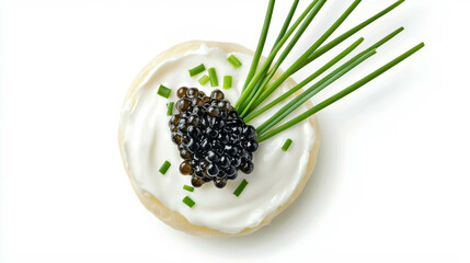 Obraz premium Luxurious black caviar on blini with cream and chives - gourmet culinary delight