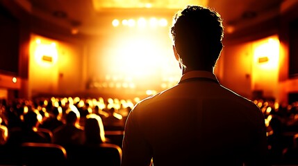 Person addressing large audience dramatic lighting